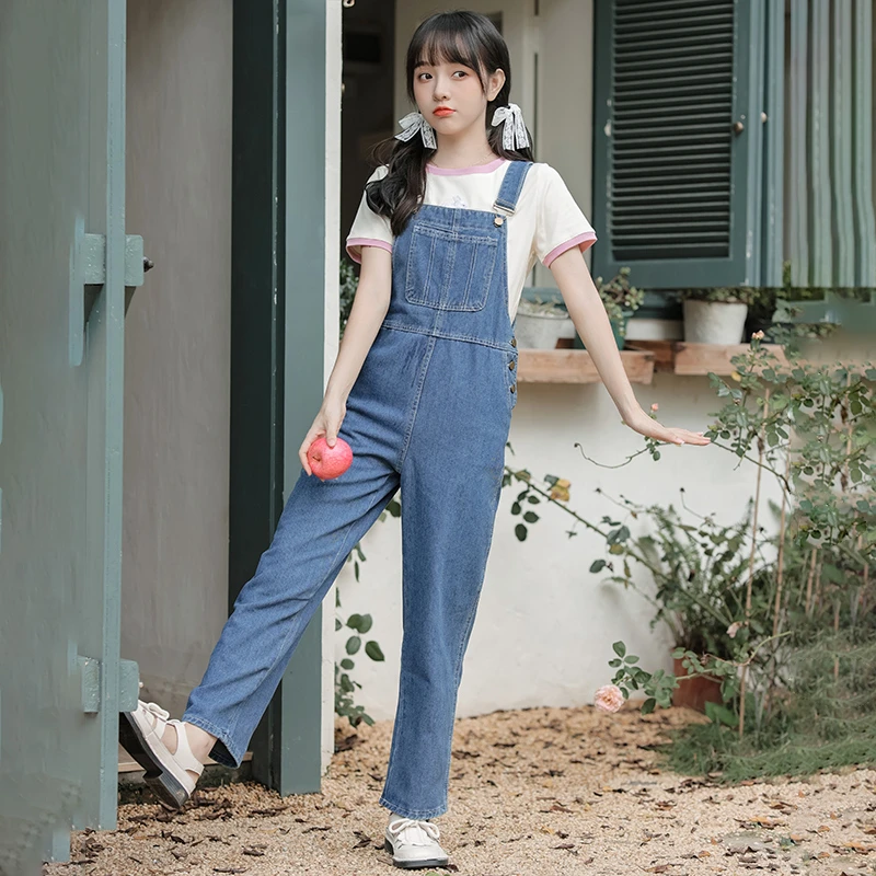 简温2025春夏新款蓝色高腰直筒百搭背带裤女减龄阔腿显瘦牛仔裤夏