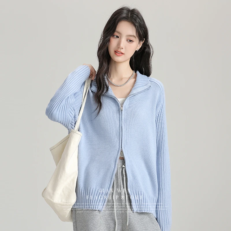 2025春秋新款设计感宽松毛衣外套翻领长袖上衣双拉链针织开衫女潮