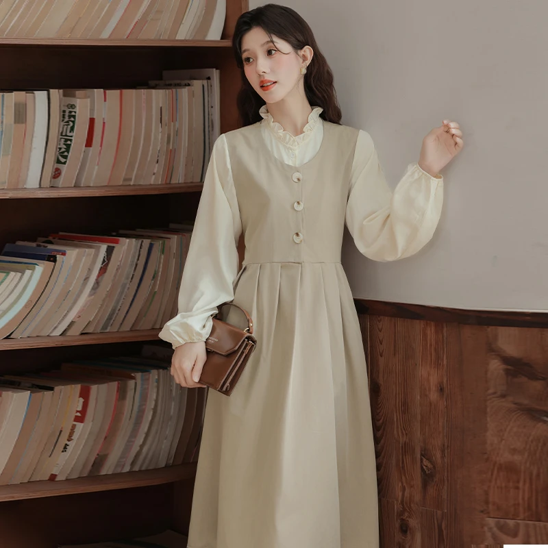 简温2025秋季新法式木耳边假两件长袖连衣裙女温柔风收腰中长裙潮