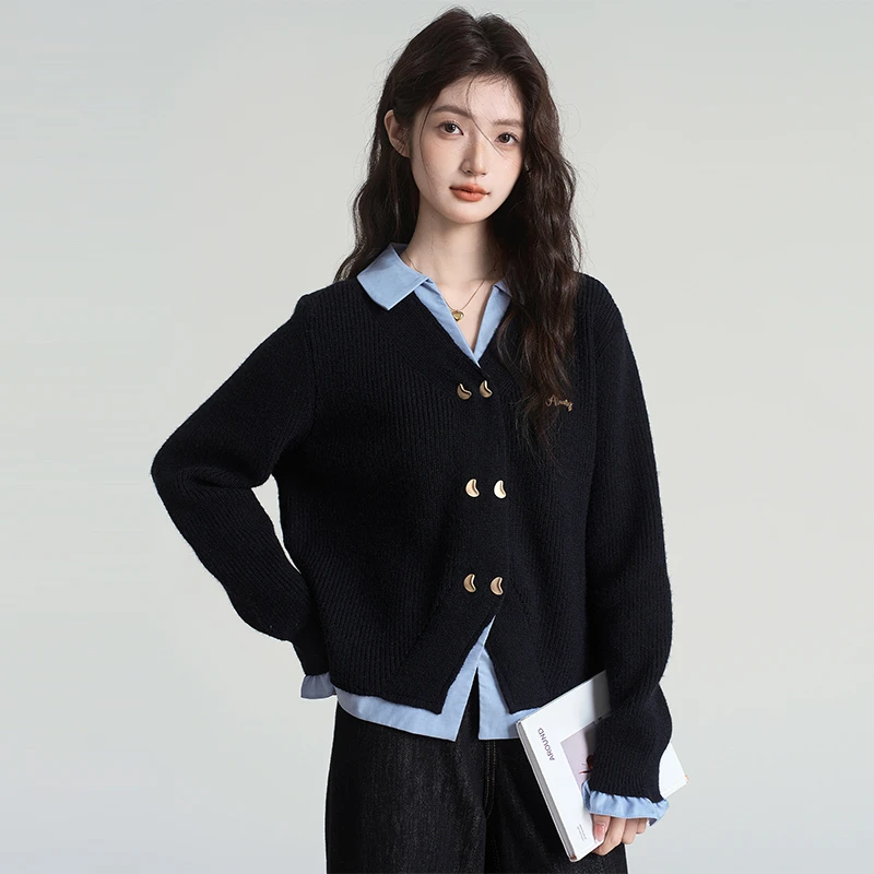 简温2025春秋新款设计感宽松假两件POLO领针织开衫女双排扣毛衣