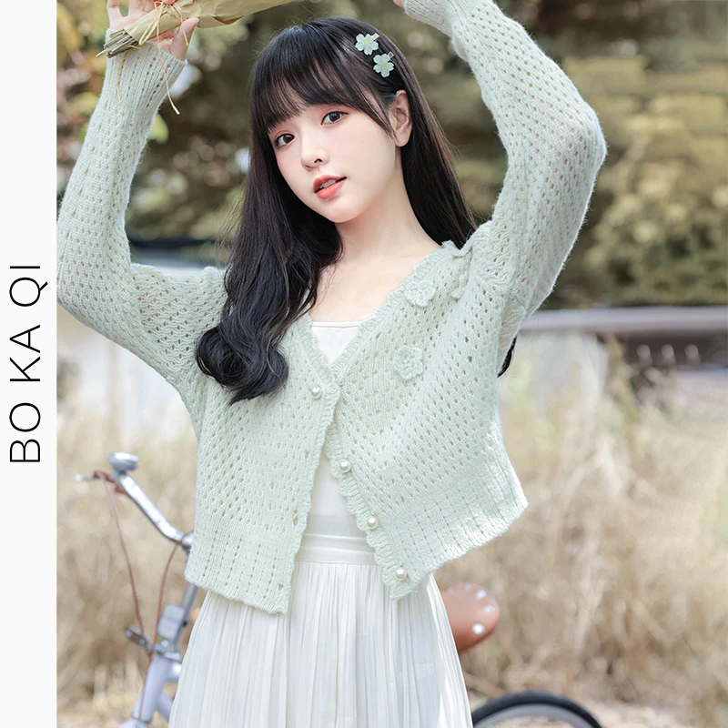 简温2025春秋新款镂空小香风针织衫女宽松甜美小花短款开衫毛衣潮