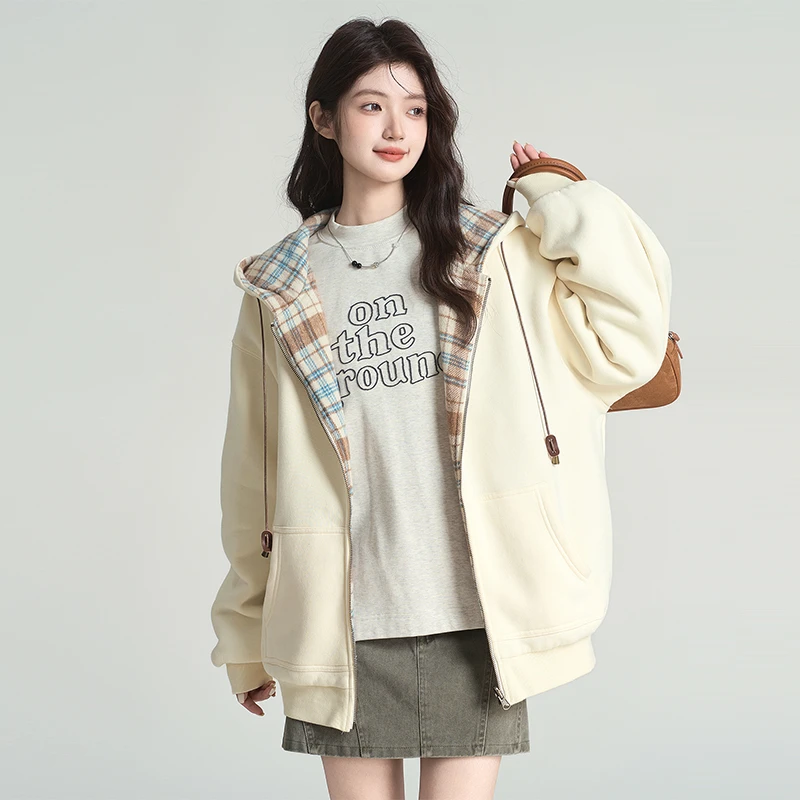 2024秋冬新款复古两面穿格纹加厚外套女宽松连帽卫衣开衫潮