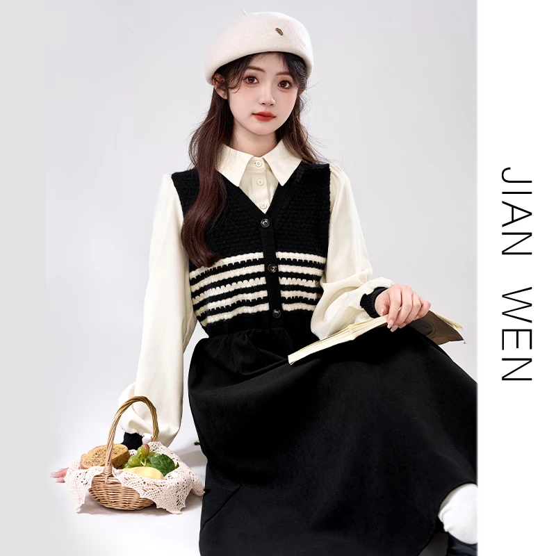 简温2025春秋新款polo领复古假两件连衣裙女收腰显瘦针织中长裙潮