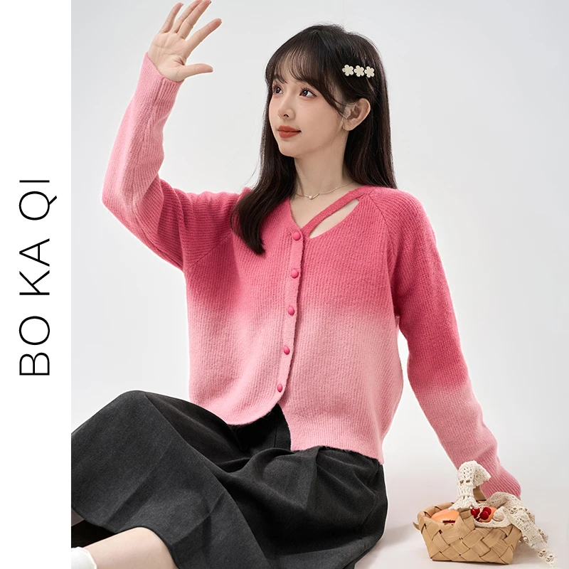 简温2025春秋新款设计感不对称粉色针织衫女渐变甜美风短款毛衣潮