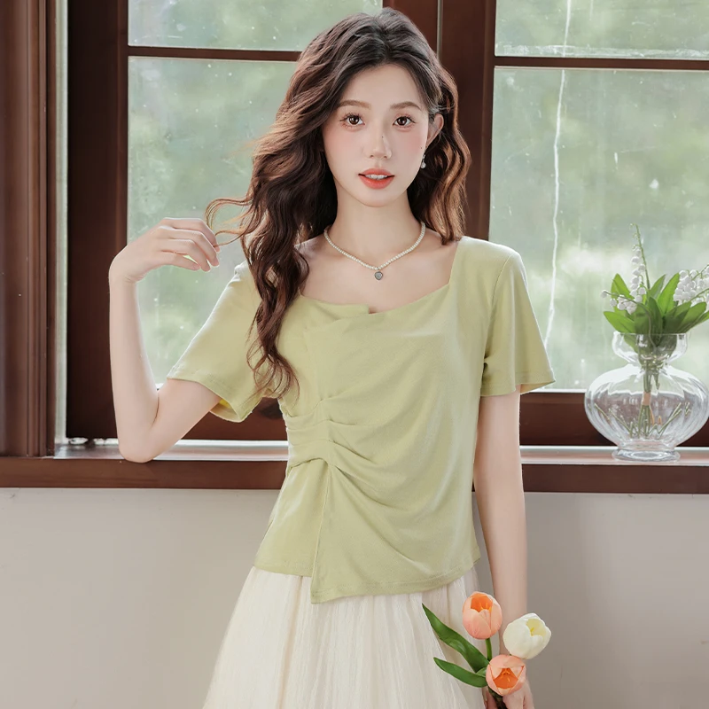 简温2024夏季新款法式方领短袖T恤女薄荷曼波风抽褶体恤百搭上衣