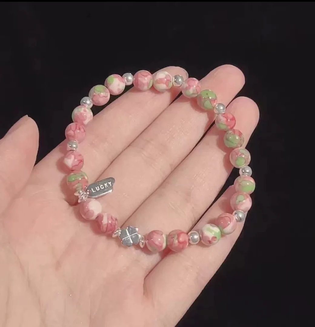 铜合金手链 少女心樱花粉串珠手链小众设计感甜美轻奢手链