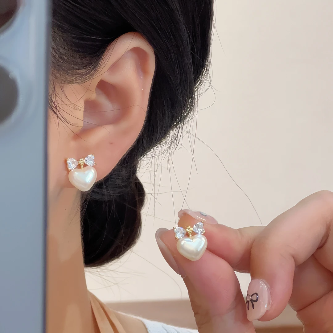 铜合金合成锆石耳饰 蝴蝶结爱心珠珠耳钉A123