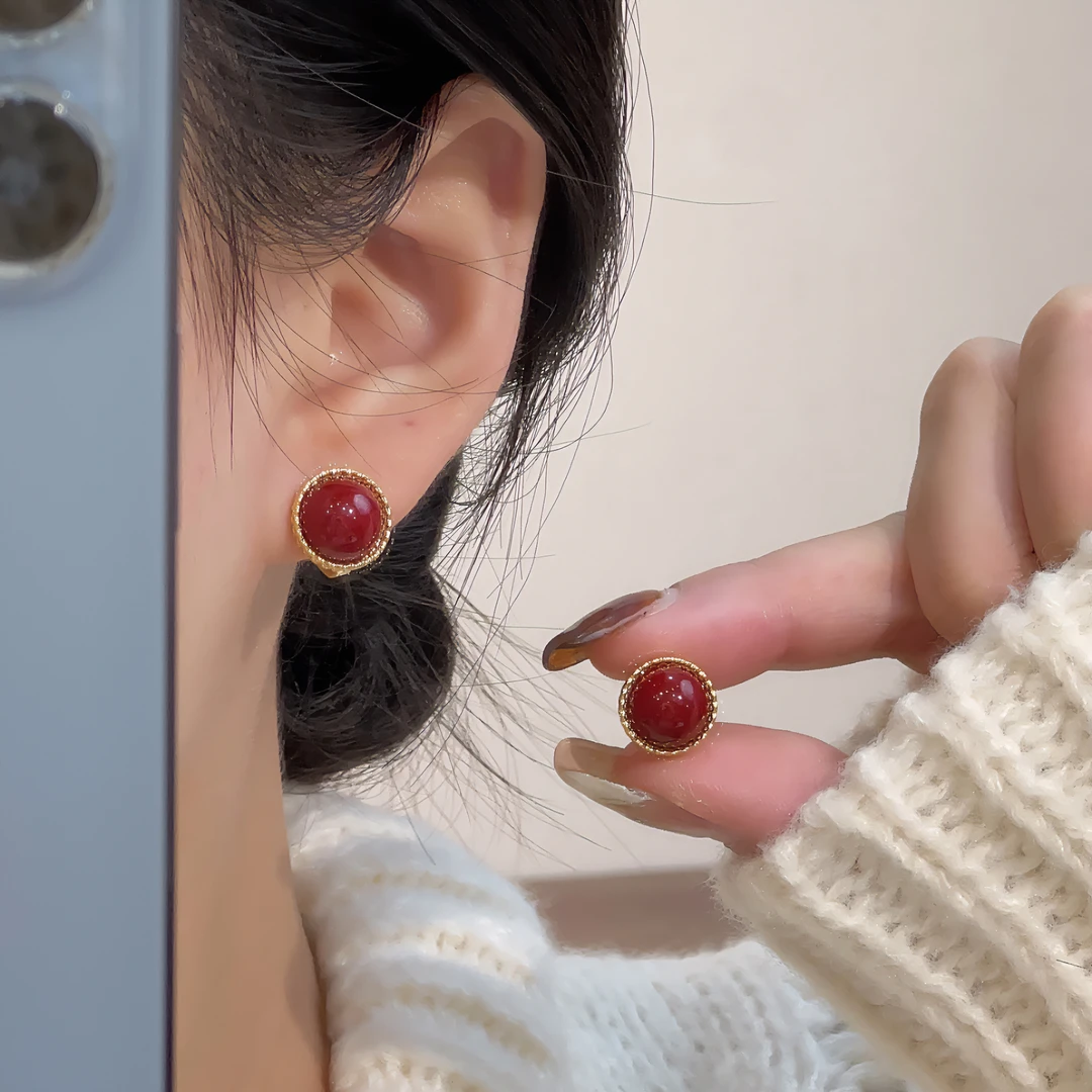 法式港风复古圆形红色珠珠耳扣0417