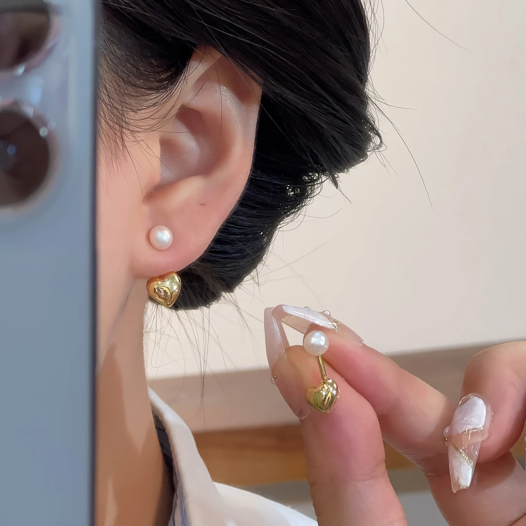 铜合金仿珍珠耳饰 简约精致一款两戴爱心珠珠耳钉A258