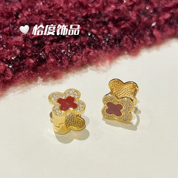 铜合金合成锆石耳饰 复古时尚气质撞色印花幸运草耳扣B114