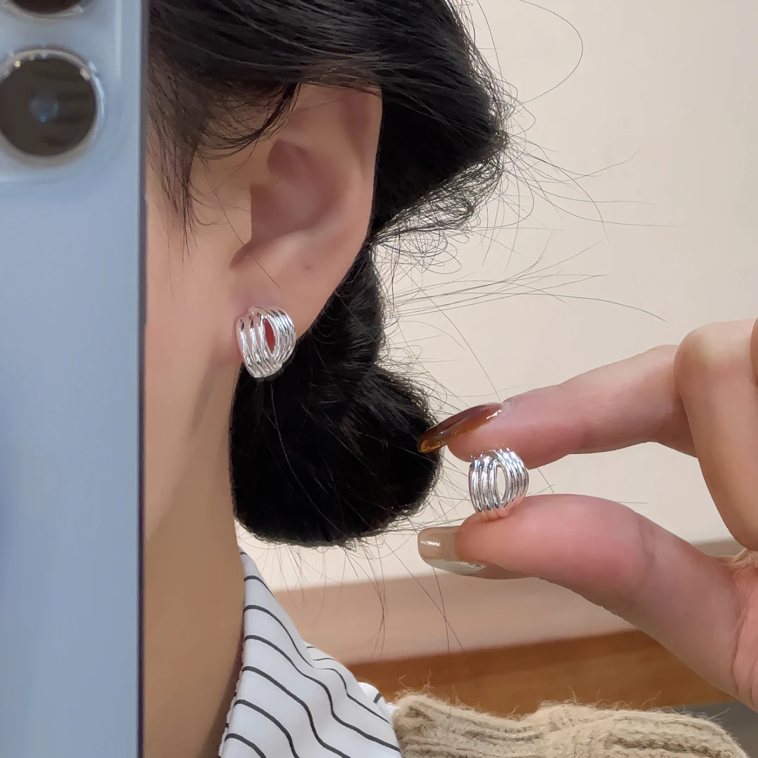 铜合金耳饰 【恰度】线条银色耳扣0386