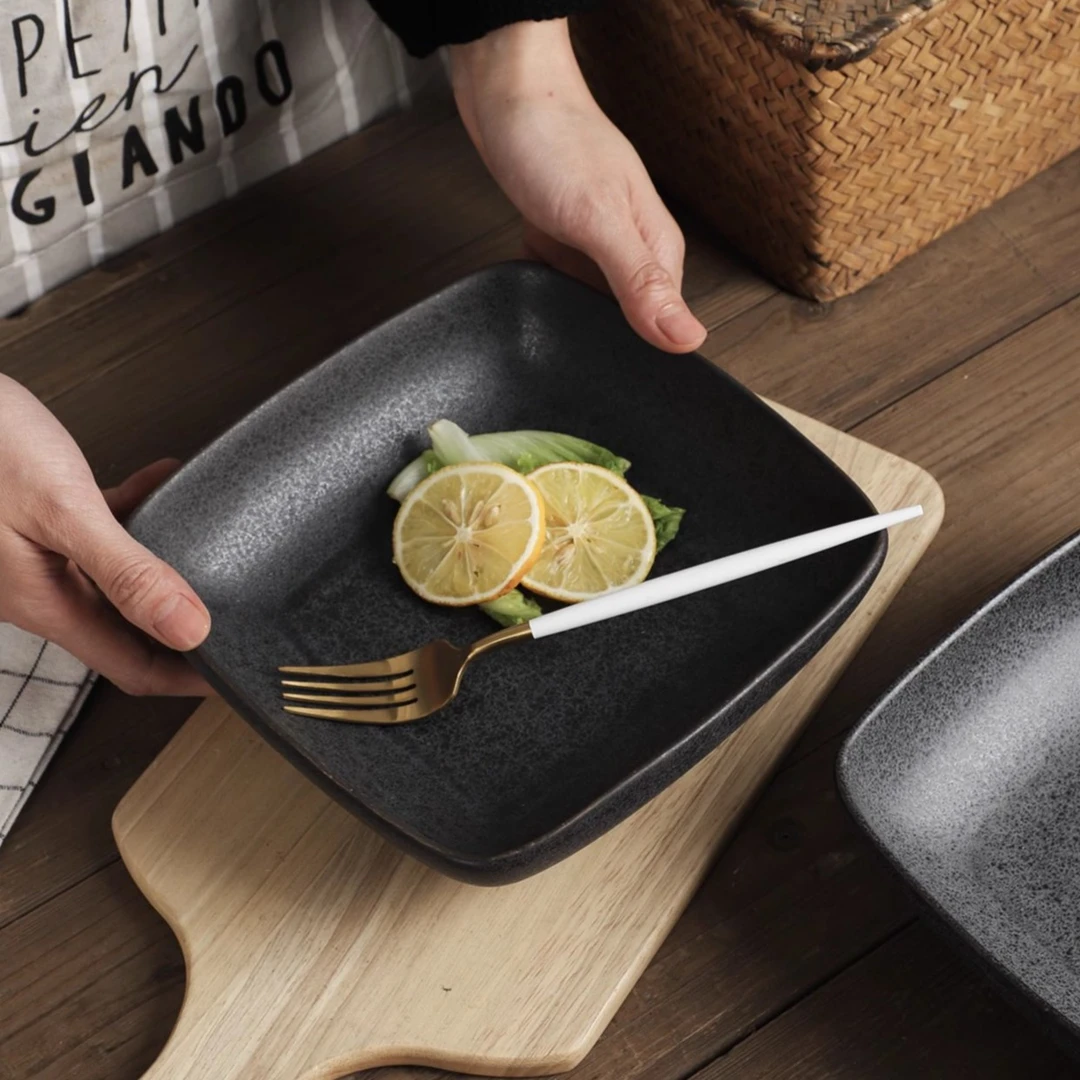 8英寸黑灰色麻点四方碗沙拉碗微瑕