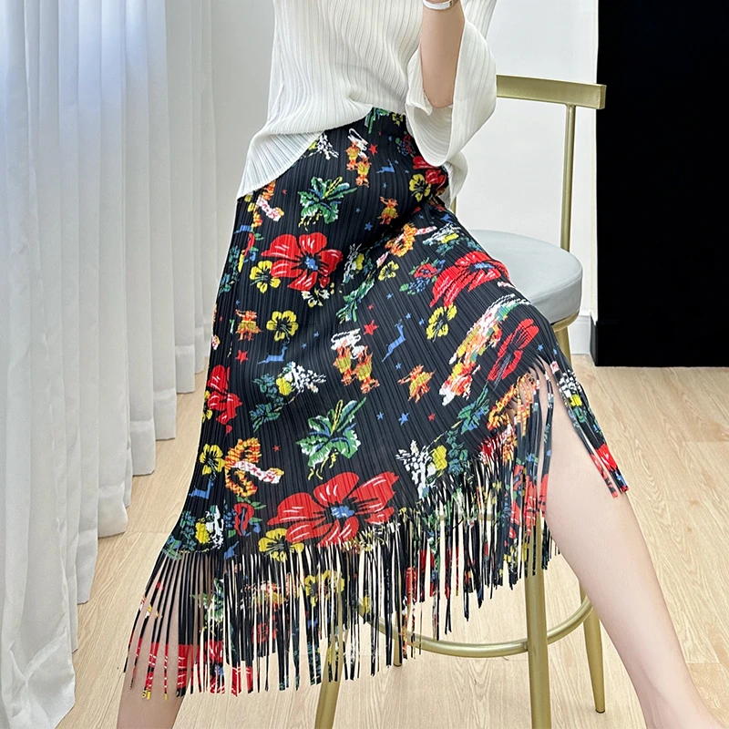 三宅印花裙子女2025夏季新款高端褶皱复古流苏洋气减龄百搭半身裙