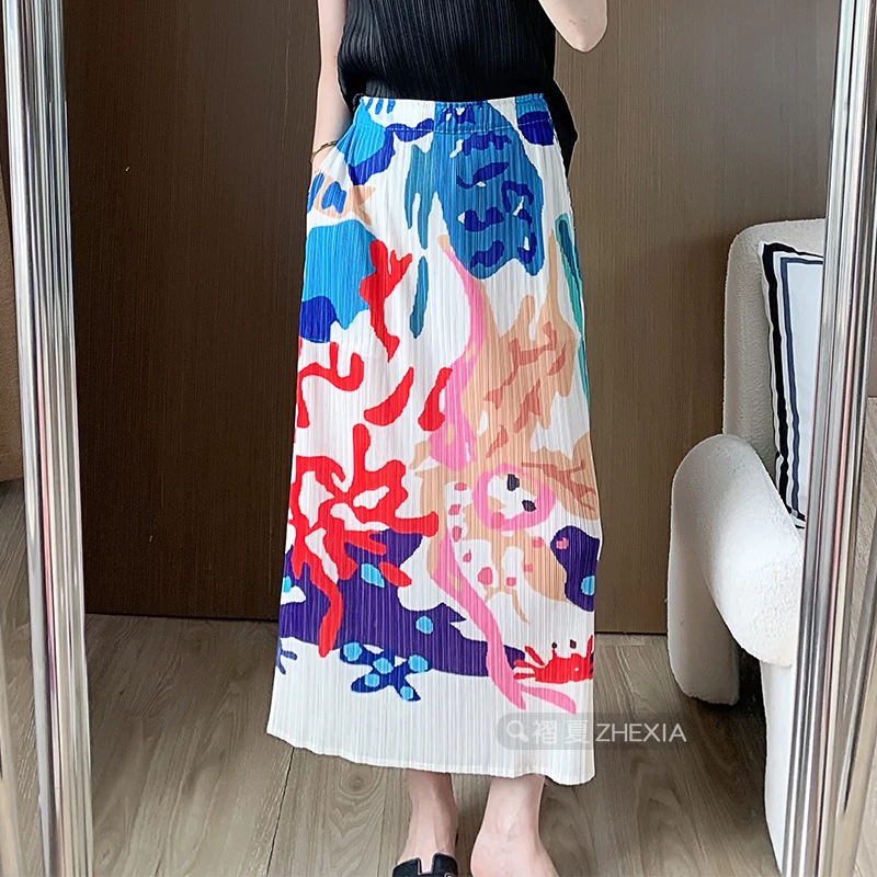 三宅褶皱半身裙女2025夏季新款大码胖mm小个子显瘦印花百褶长裙子