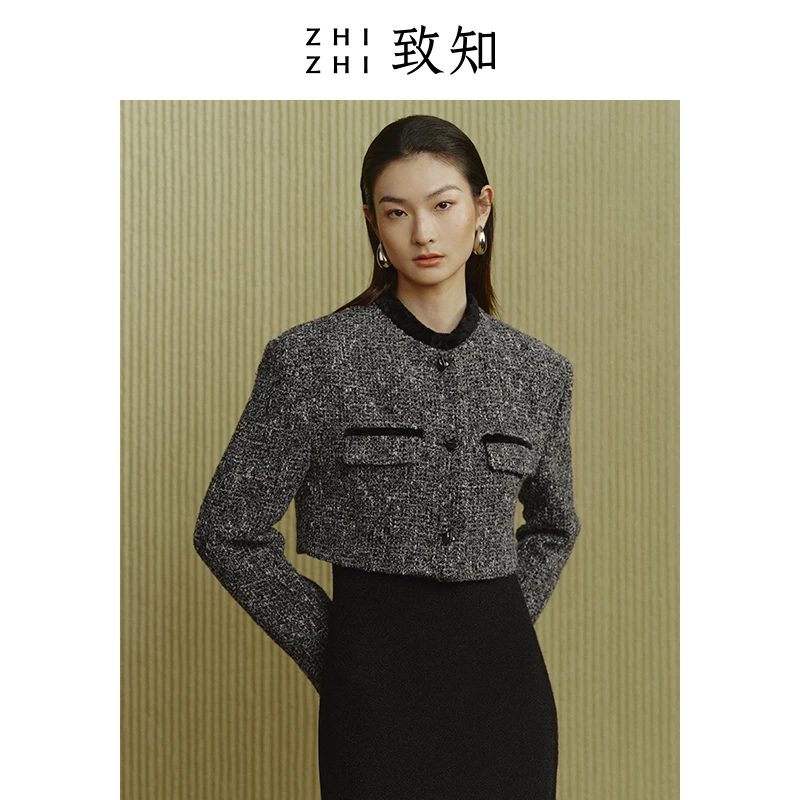 致知 幔卷绸 小香风外套2024冬季新款意斜纹软呢截短ZZ2CWWJ1045