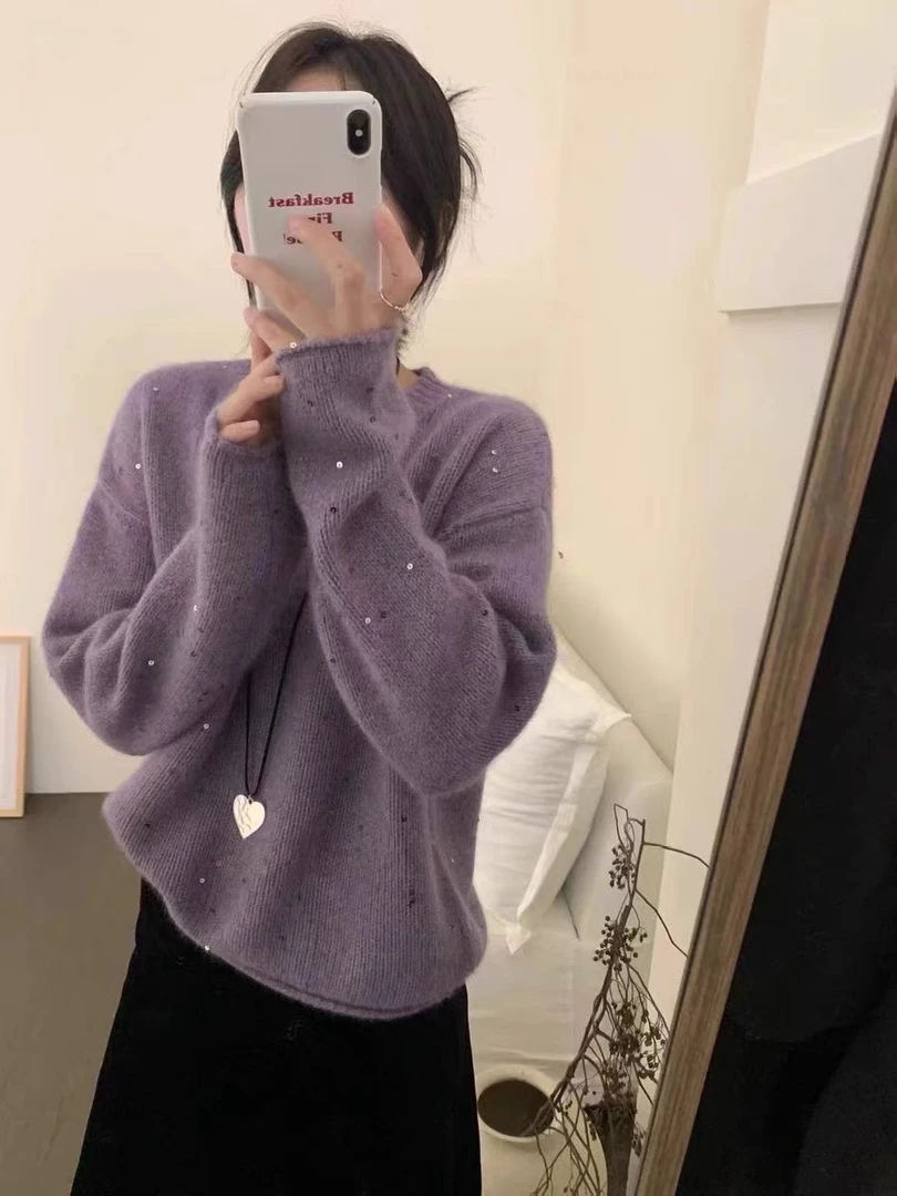 【浣熊绒+绵羊毛】紫色星空亮片软糯毛衣女装品质温柔风针织衫上衣