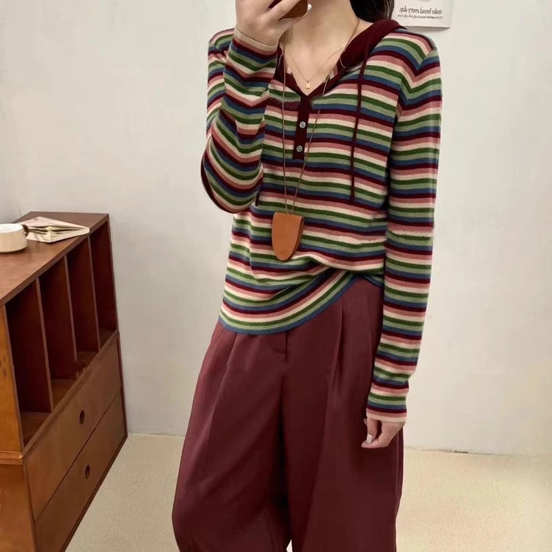 【绵羊毛】欧货爆款彩虹条纹连帽衫美丽诺羊毛衫毛衣女气质上衣