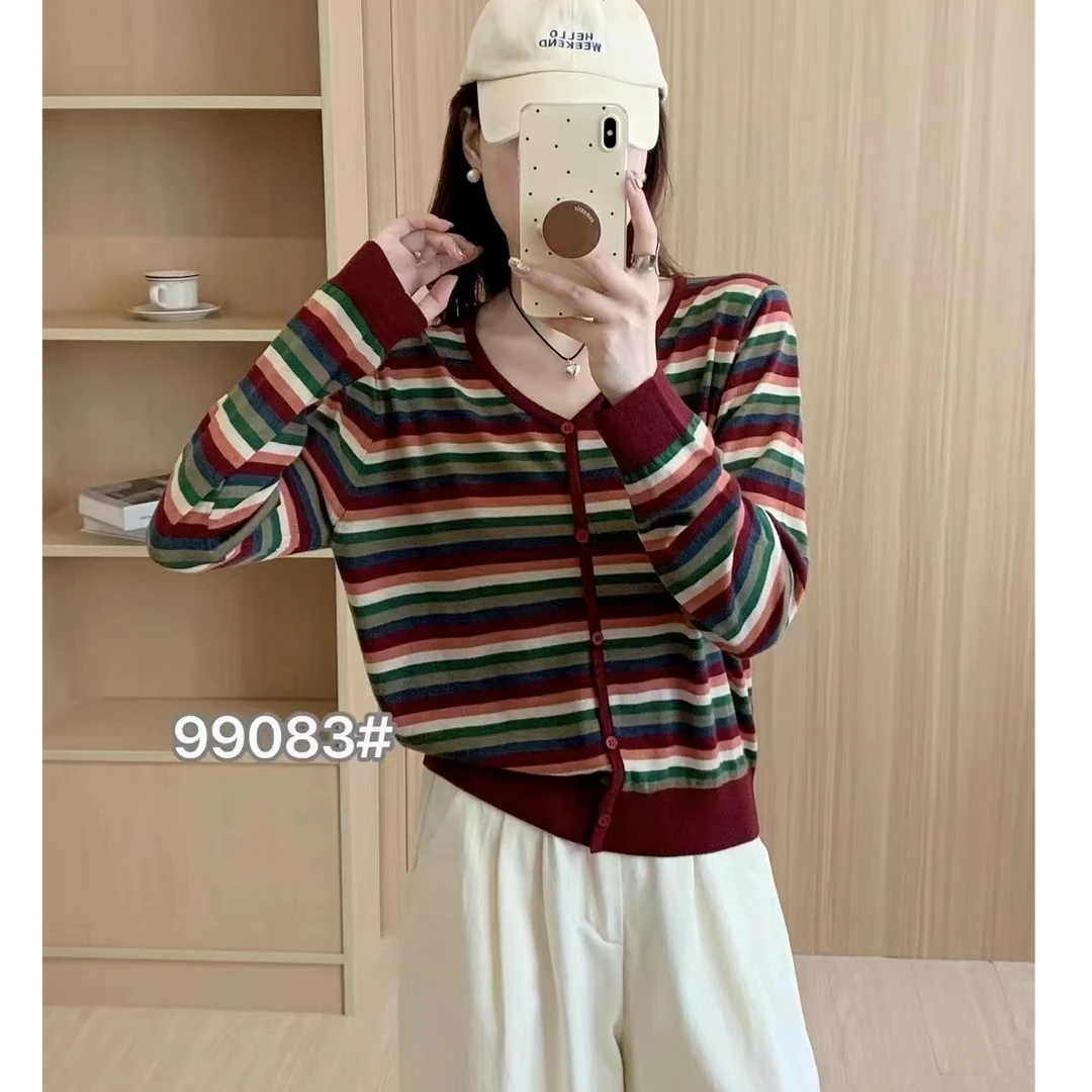 【高支超细绵羊毛】经典气质彩色条纹V领针织开衫欧货秋装高端外套