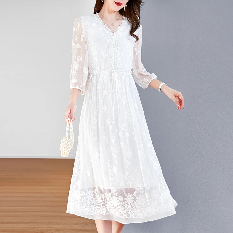 【大冬甄选】水墨佳人100%桑蚕丝真丝长款刺绣女装连衣裙82399691