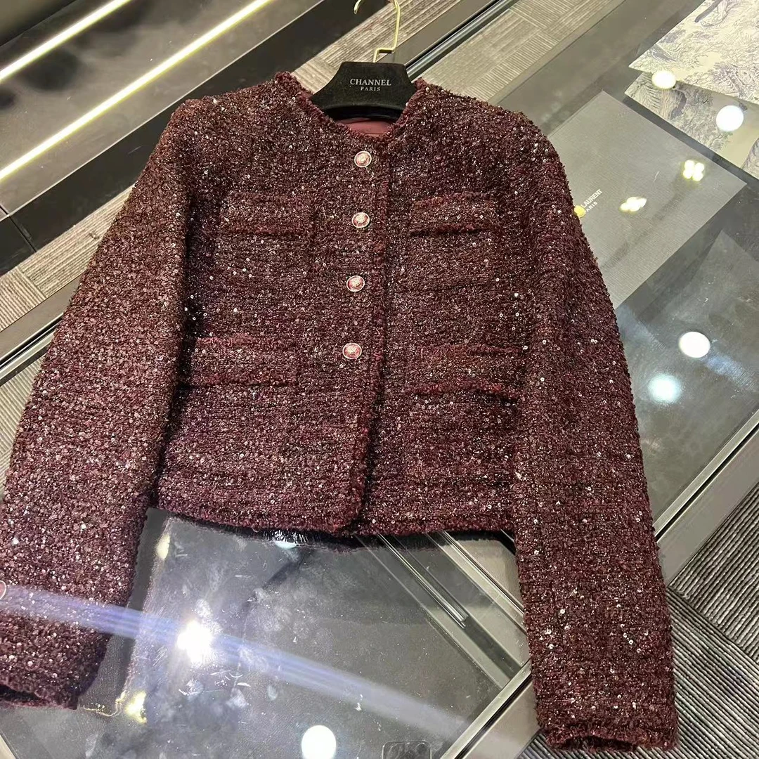 DY24S 经典气质轻奢小香风酒红色外套A3369