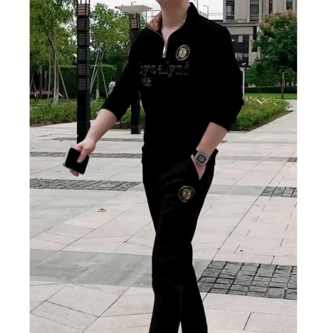 2024新款夏季男士立领休闲卫长裤套装轻奢时尚两件套潮流潮男套装
