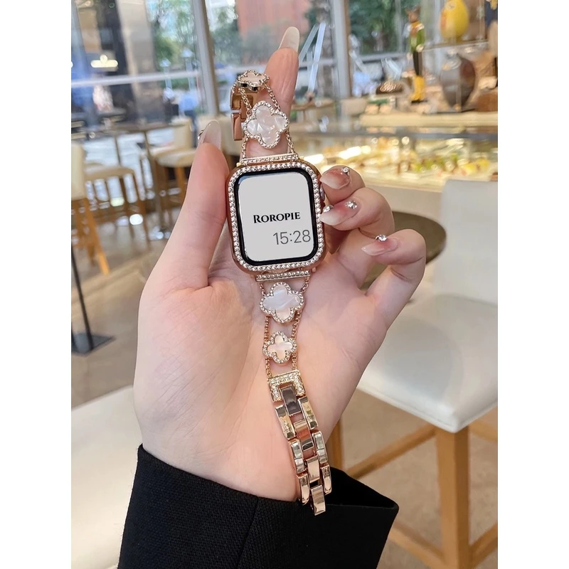 新款夏金属四叶草细钻适用applewatch7苹果手表iwatch865代se表带