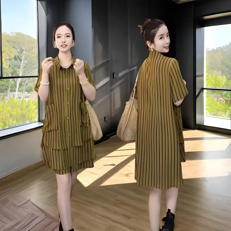 夏季妈妈装大码清凉薄款气质短袖短袖条纹衬衫短裤两件套休闲套装