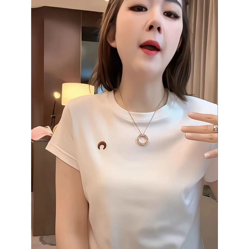 夏季新款爆款白色正肩纯棉短袖T恤女韩版小个子收腰显瘦内搭上衣