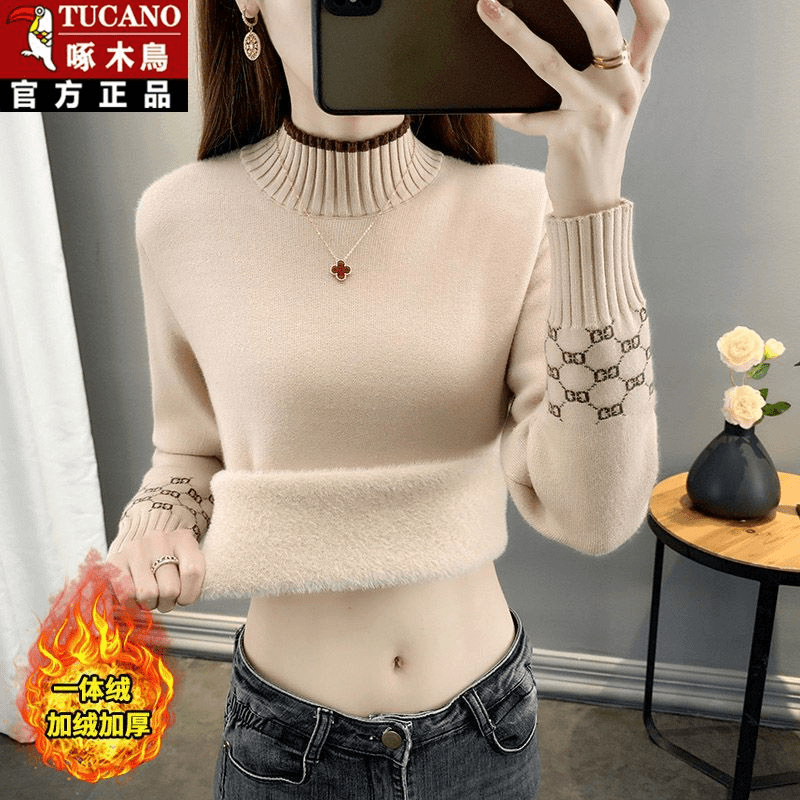 啄木鸟一体绒加绒加厚毛衣女内搭半高领套头打底针织衫保暖上衣女