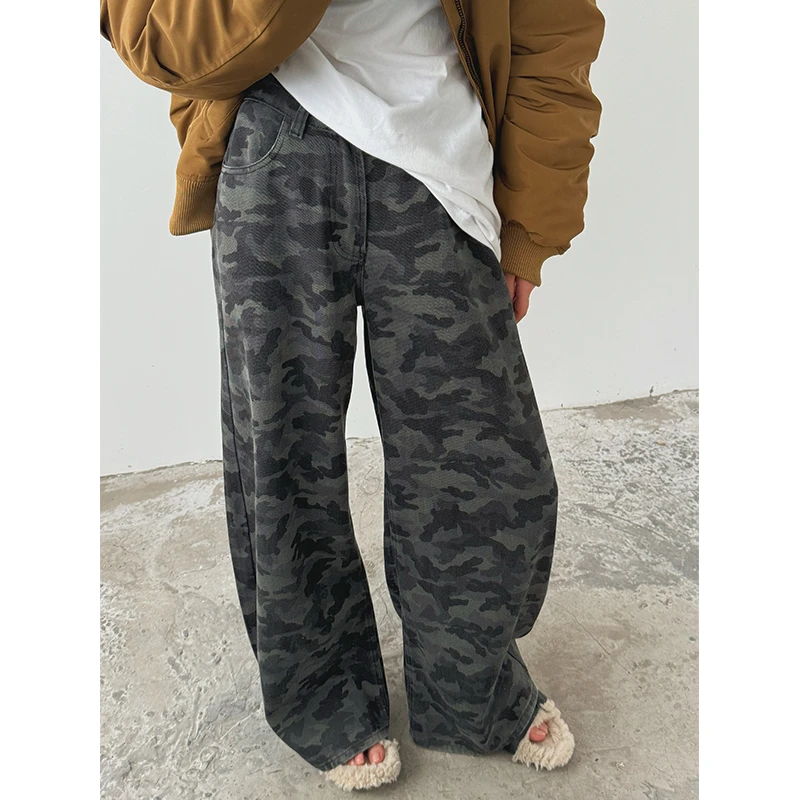 秋冬新款美式复古迷彩阔腿工装裤直筒休闲裤宽松显瘦潮牌长裤子