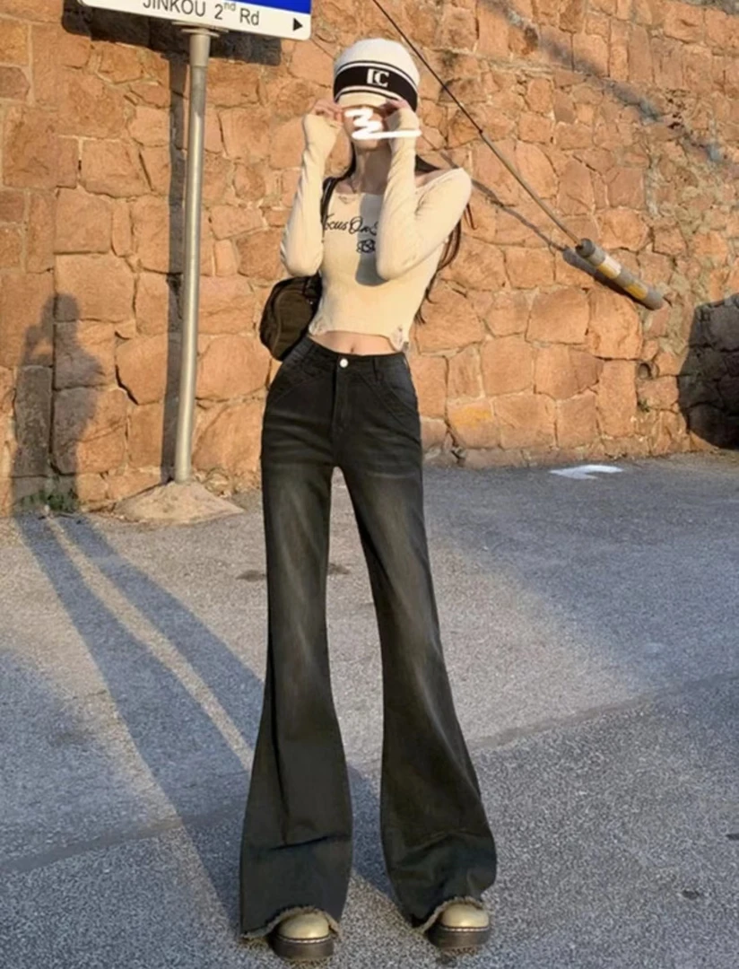 黑色百搭修身毛边微喇叭牛仔裤女高腰显瘦显高2024年夏季新款长裤