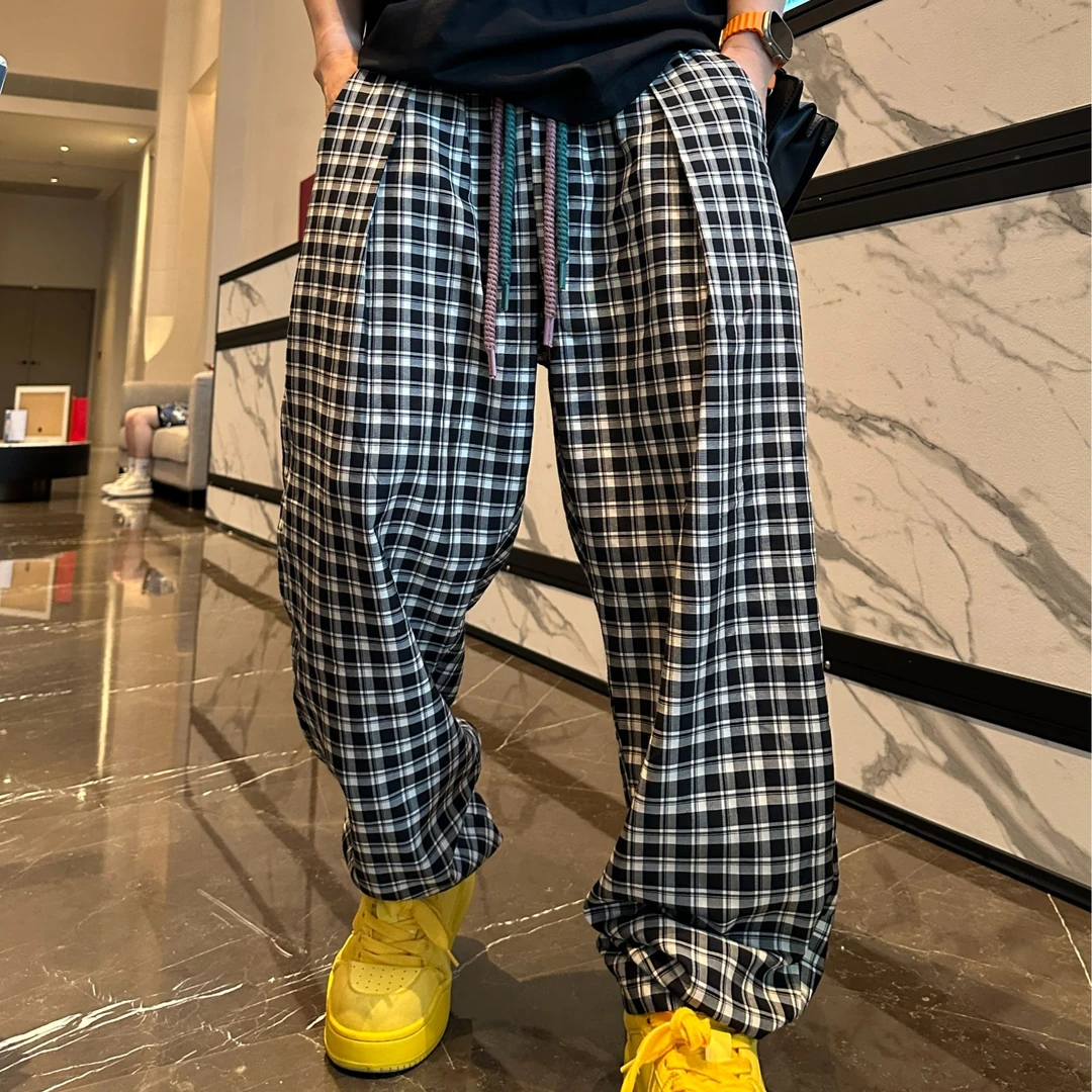 金先生薄款双抽绳松紧腰围黑白棋盘格百搭宽松锥形休闲裤