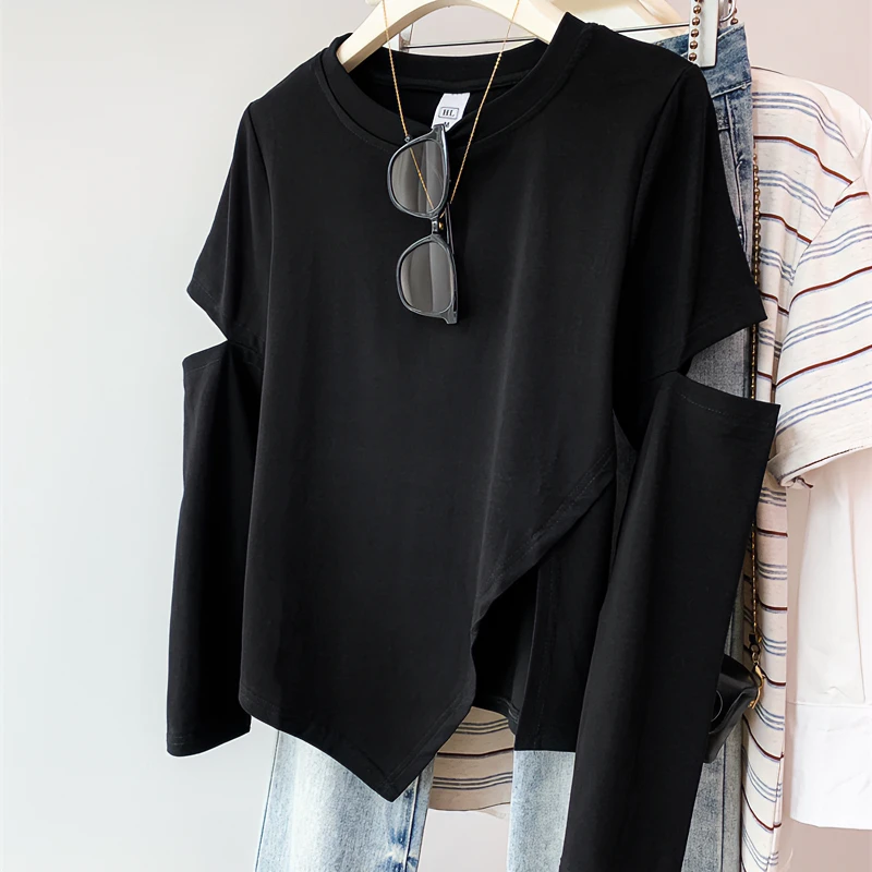 时尚正肩不规则镂空破洞长袖T恤女春季设计感小众开叉收腰上衣潮