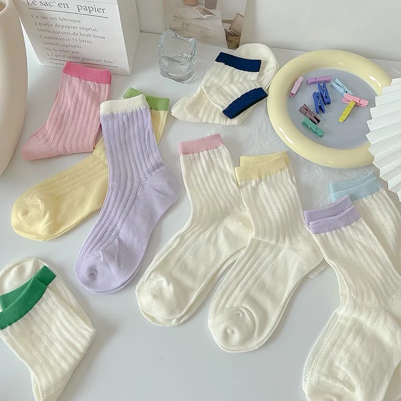 韩国夏天薄款ins甜少女马卡龙色网眼透气中筒袜纯色棉袜子
