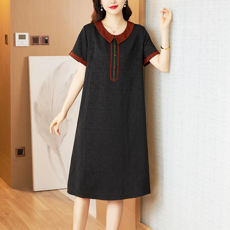9328#洋气中长连衣裙女夏季新款短袖宽松显瘦复古妈妈冠乐皱裙子