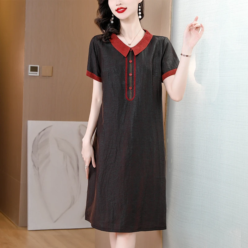 5961#杭州丝新中式连衣裙女夏季短袖宽松显瘦复古妈妈中长裙子