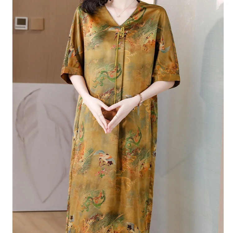1219#2023年夏季新款高端丝绸大码宽松连衣裙妈妈装重缎袍子女