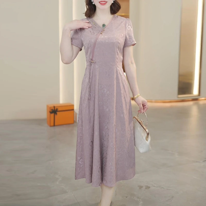 妈妈夏装新中式气质连衣裙2024新款中老年女装时尚母亲节短袖裙子