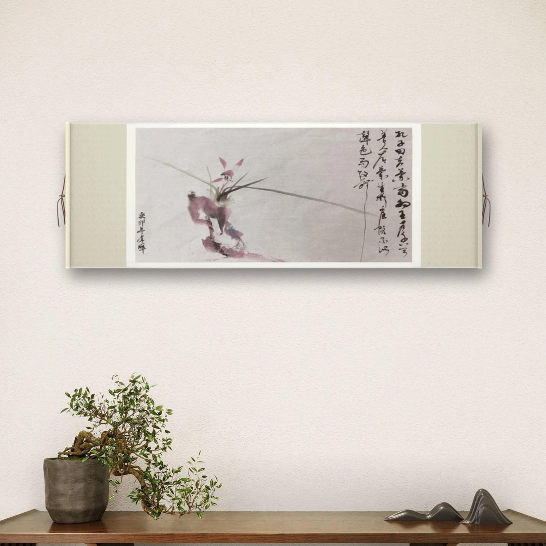 茶室书房大写意国画兰花横幅69X35厘米可卷轴装裱纯手绘原创礼品