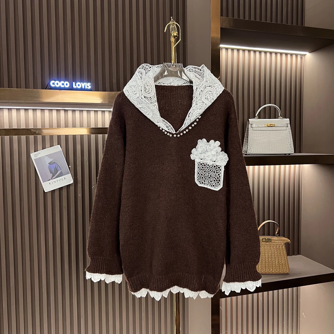 【溜溜专属064】秋冬新款百搭蕾丝边连帽卫衣休闲装饰毛衣2411030