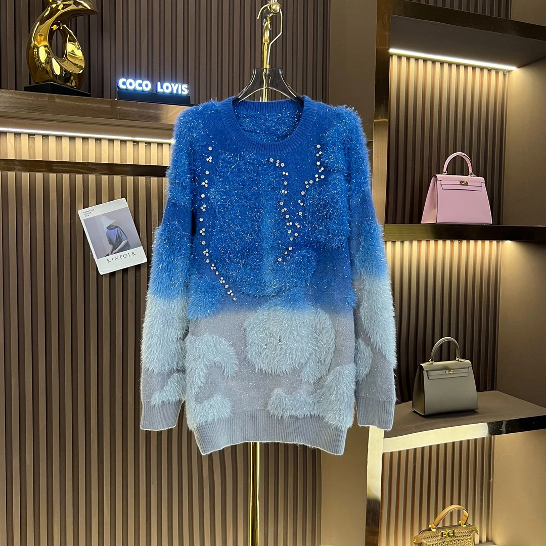 【米娜专属】彩色撞色不规则毛毛拼接时尚套头毛衣2410203