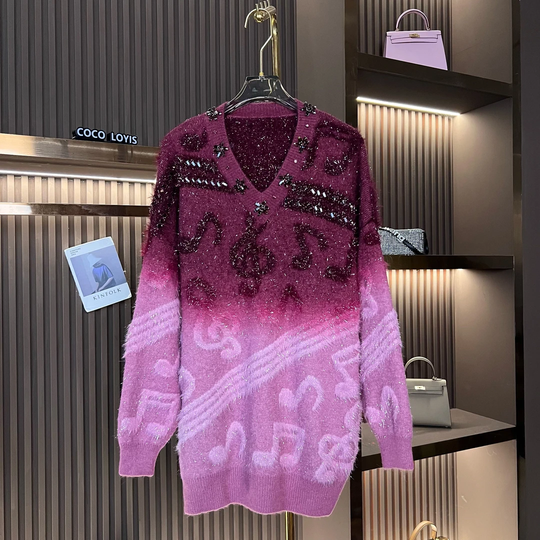 【COCO林可可】渐变撞色图案拼接毛绒绒时尚百搭轻奢毛衣2411054