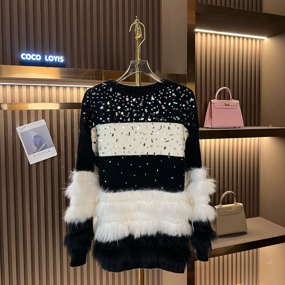 【米娜专属】撞色条纹气质毛领拼接钉珠亮片重工毛衣2410278