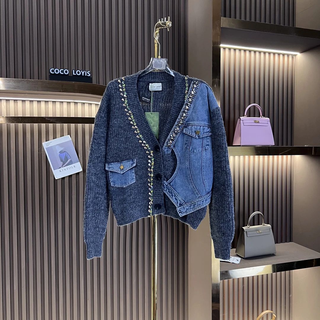 【大姑窝窝】重工钉珠不规则牛仔拼接网红毛衣开衫24092615