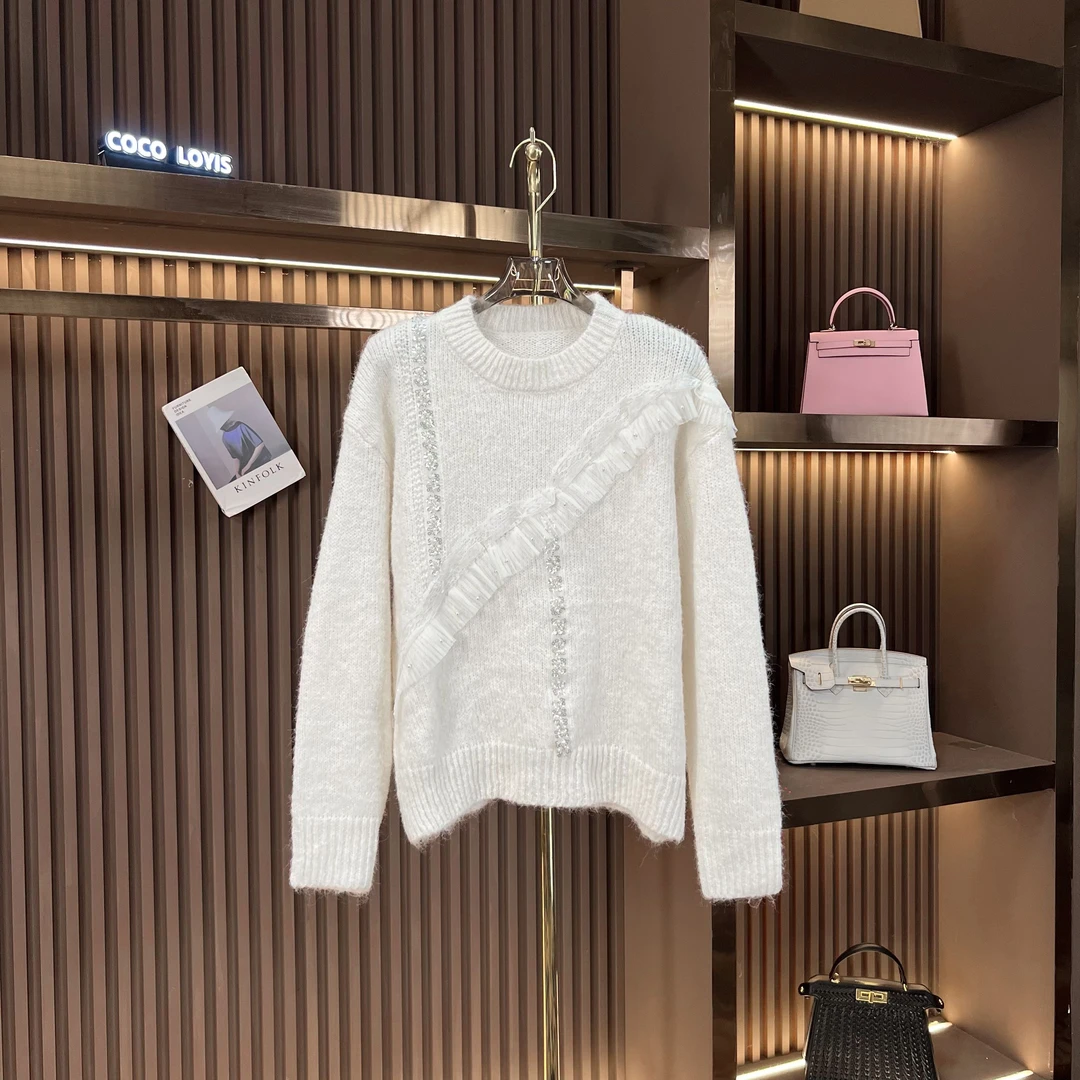 【高定专属194】设计师款斜条蕾丝拼接重工烫钻气质百搭毛衣2411283