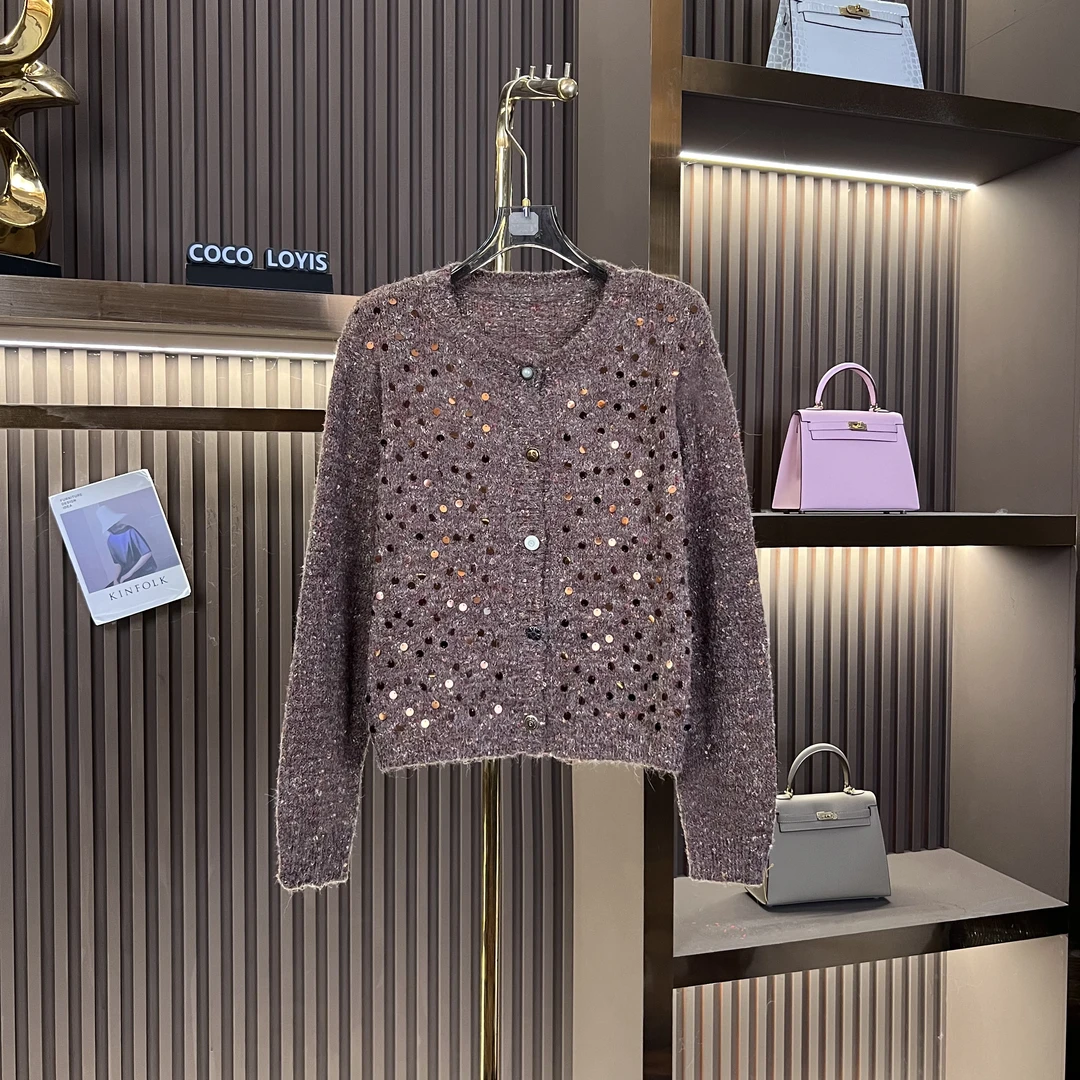 气质百搭重工亮片串珠亮闪闪名媛风毛衣开衫2410194