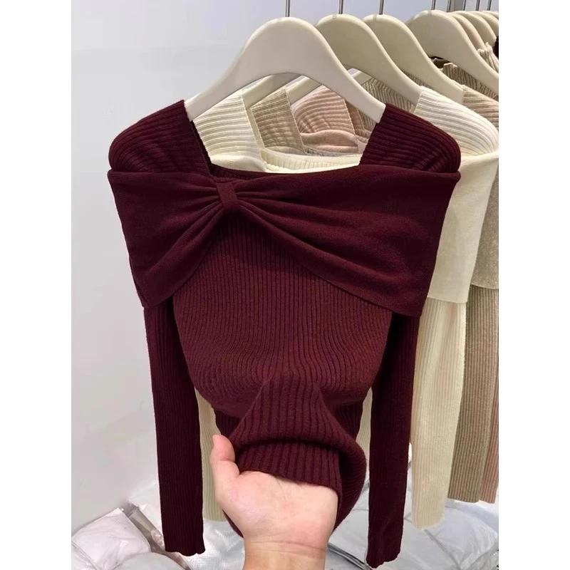 高级感一字肩长袖针织打底衫女2025春秋新款毛衣修身显瘦内搭上衣