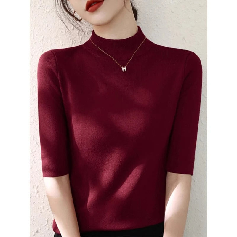 安可拉红半高领针织衫女春秋新款爆款法式中袖T恤五分袖打底上衣