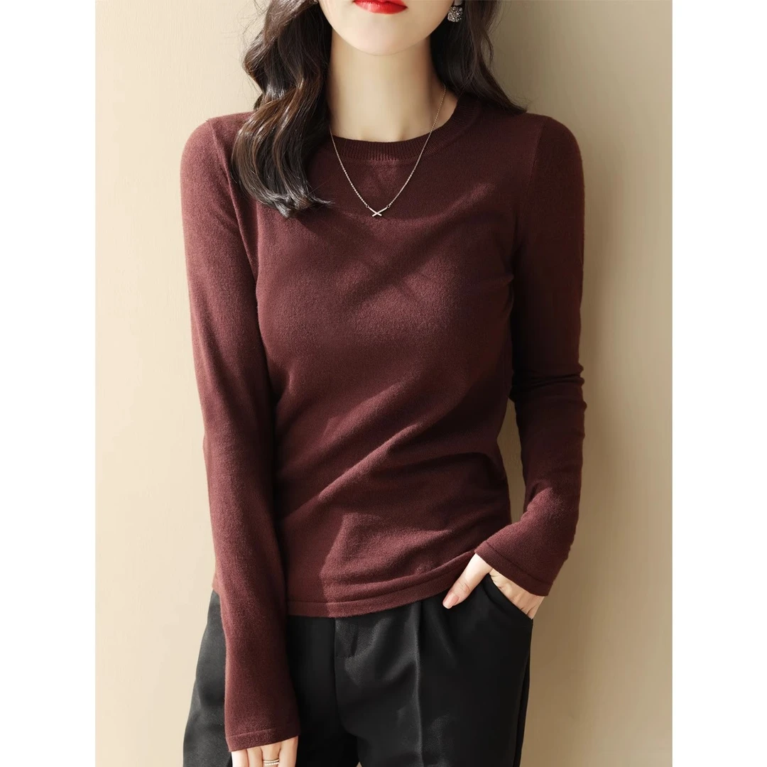 高级咖色圆领毛衣针织打底衫女春秋2024新款洋气长袖正肩内搭上衣