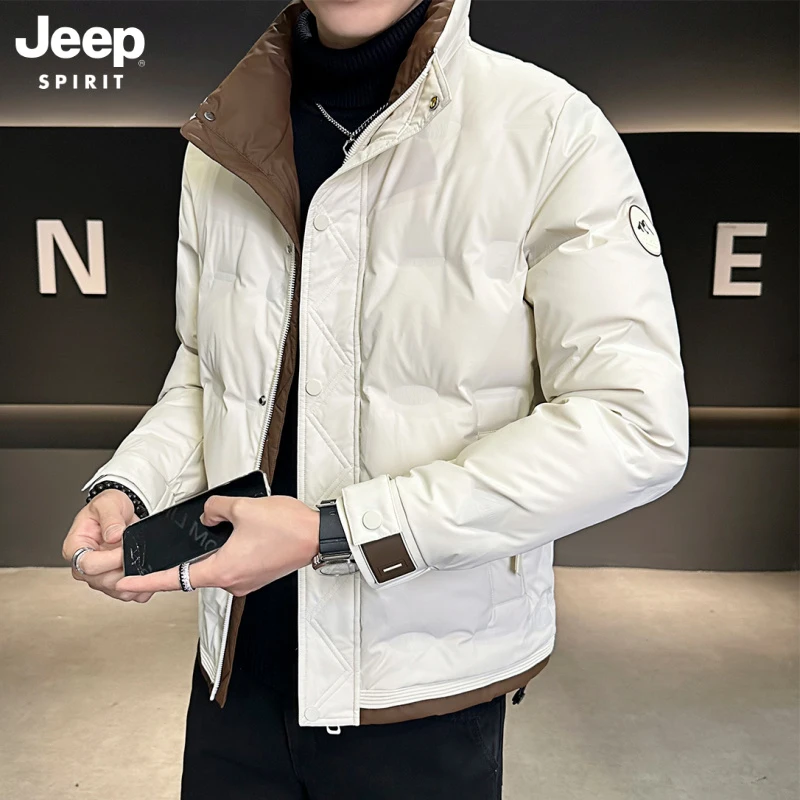 Jeep吉普正品白鸭绒羽绒服男款立领拼色时尚韩版冬季外套潮百搭